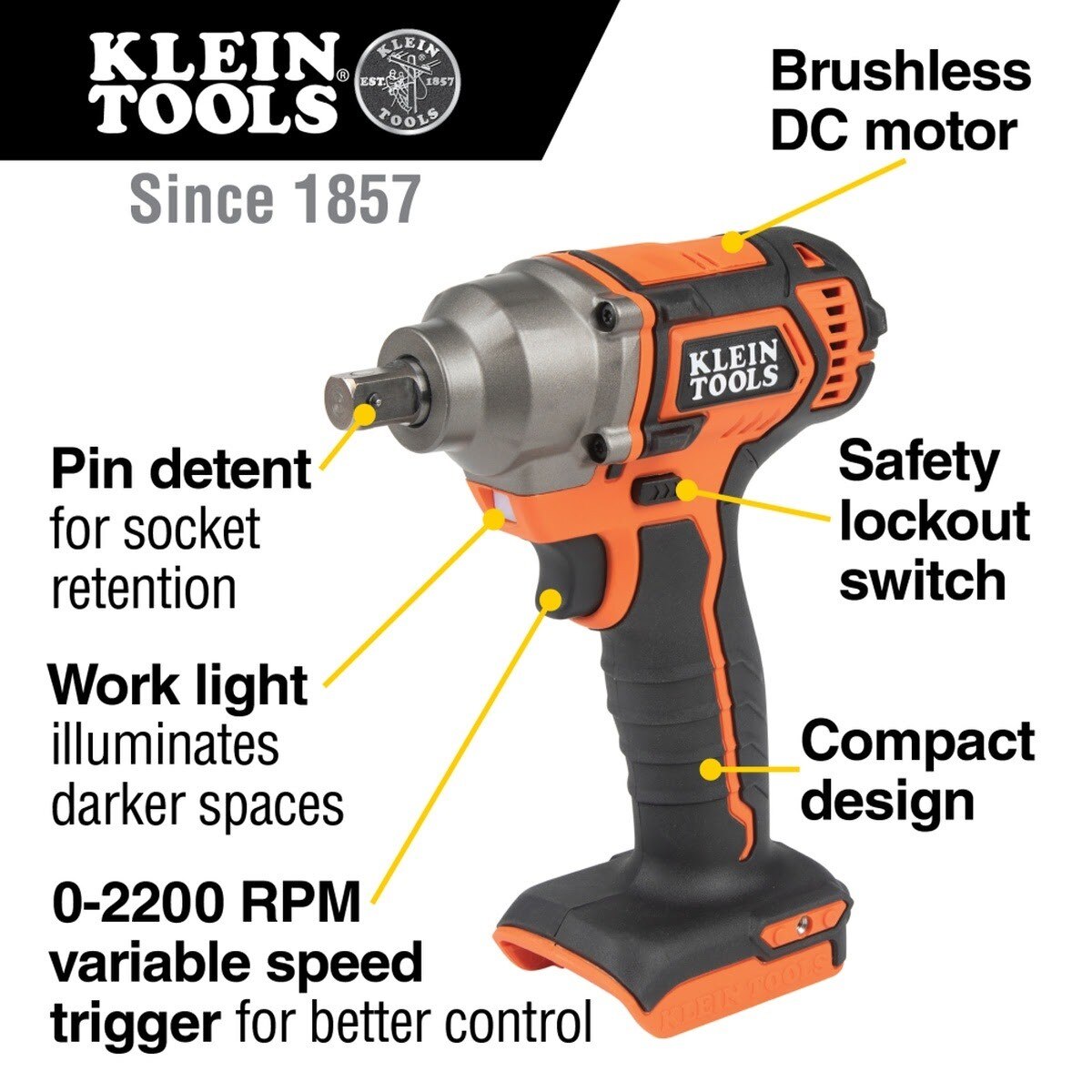 Klein BAT20CW Battery-Operated Compact Impact Wrench, 1/2-Inch Detent Pin, Tool Only - 2