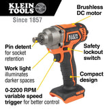 Klein BAT20CW Battery-Operated Compact Impact Wrench, 1/2-Inch Detent Pin, Tool Only - 2