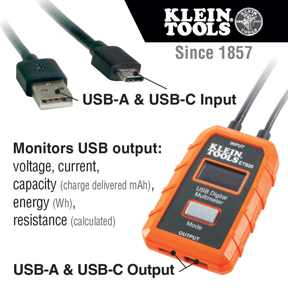 Klein ET920 USB Digital Meter, USB-A  and USB-C - 3