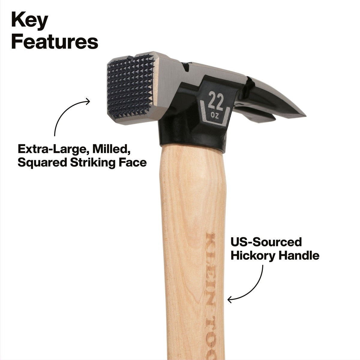 Klein H80922H 22 oz Milled Face Hickory Handle Claw Hammer with Magnetic Nail Starter - 2
