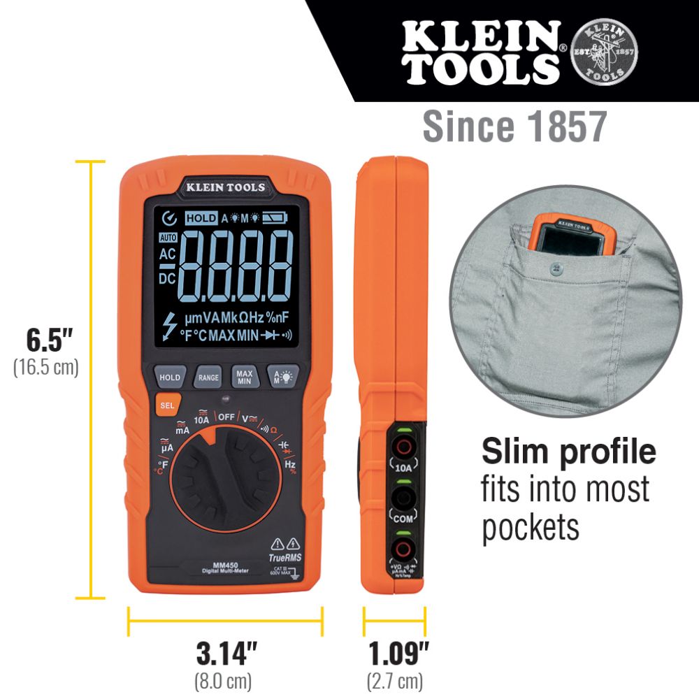 Klein MM450 Slim Digital Multimeter, TRMS Auto-Ranging, 600V, Temp - 4