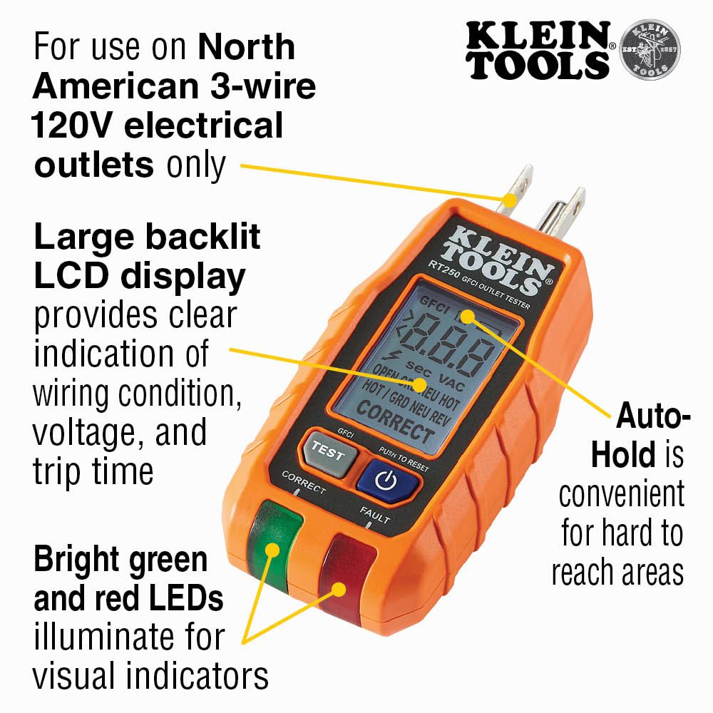 Klein RT250 GFCI Receptacle Tester with LCD - 5