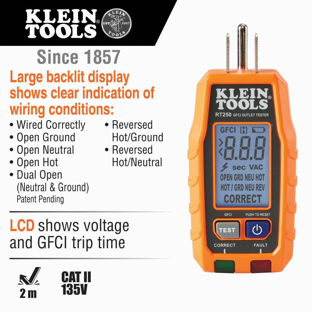 Klein RT250 GFCI Receptacle Tester with LCD - 6