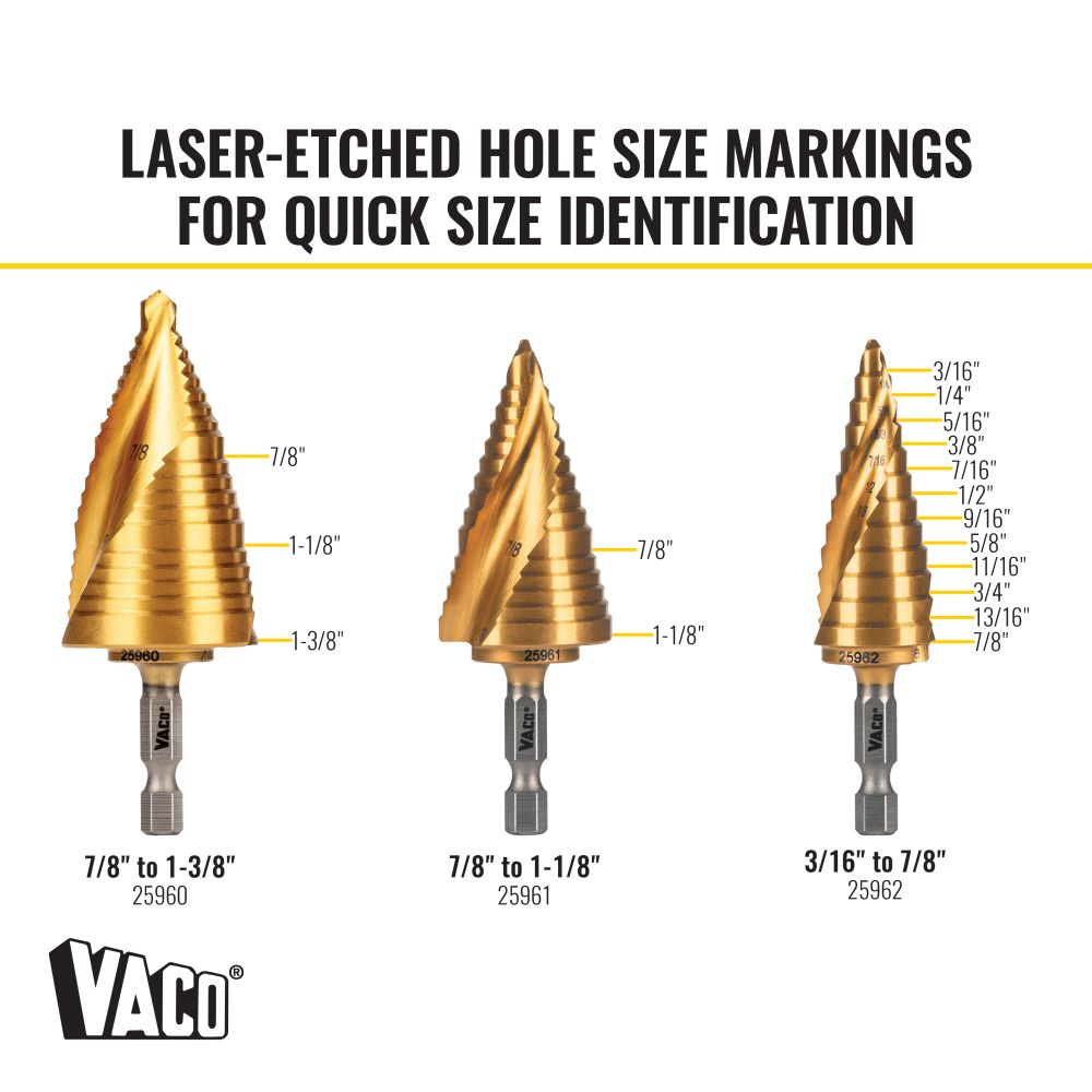 Klein 25951 Step Bit Kit, Spiral Double-Fluted, VACO, 3-Piece - 3