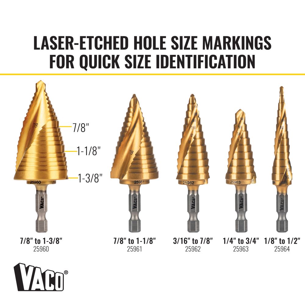 Klein 25960 Step Drill Bit, Spiral Double-Fluted, 7/8" to 1-3/8", VACO - 3