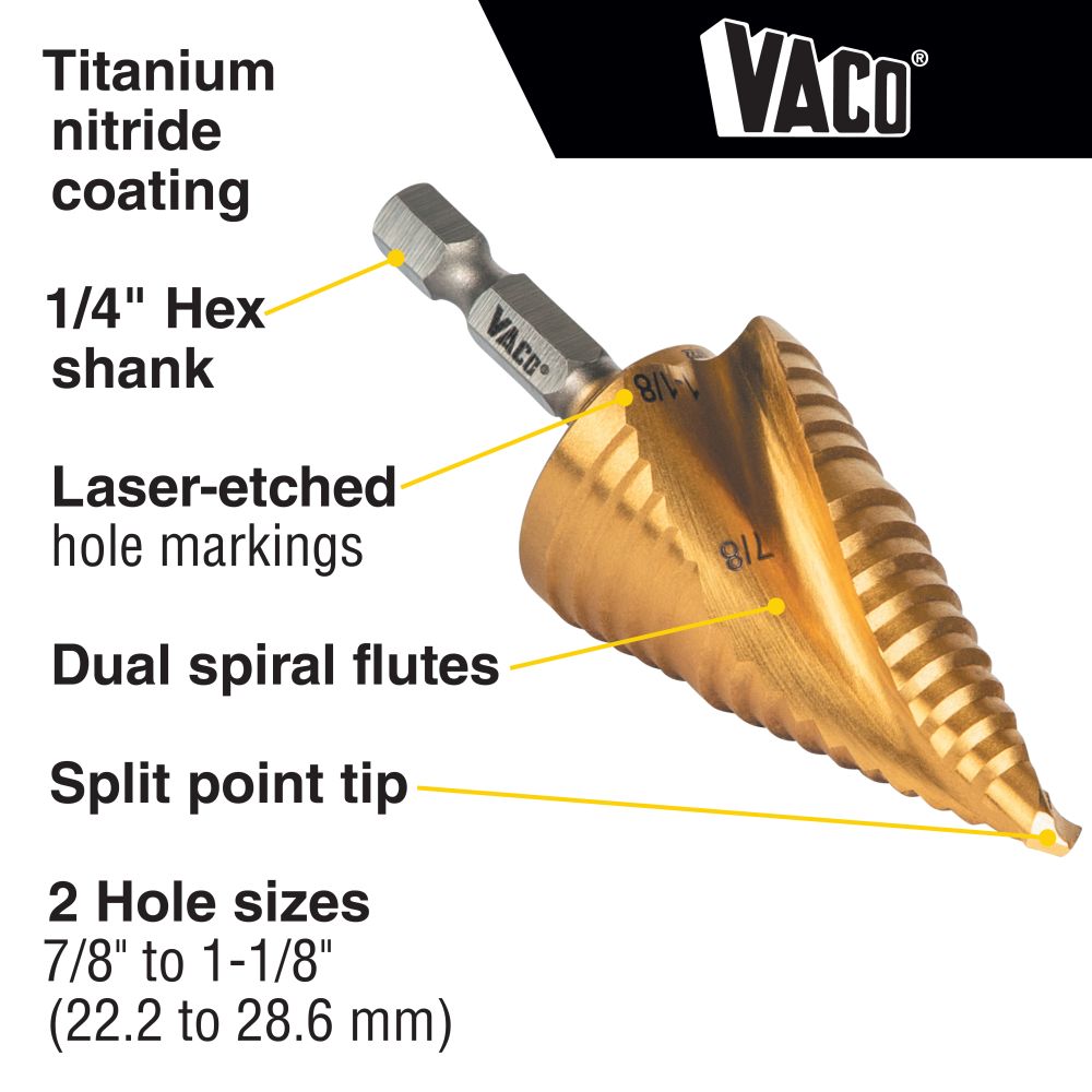 Klein 25961 Step Drill Bit, Spiral Double-Fluted, 7/8" to 1-1/8", VACO - 2