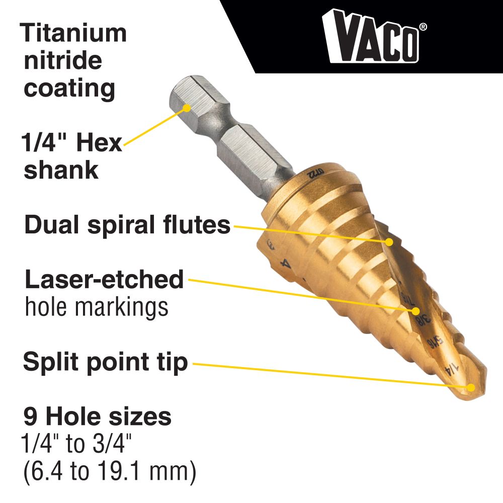 Klein 25963 Step Drill Bit, Spiral Double-Fluted, 1/4" to 3/4", VACO - 2