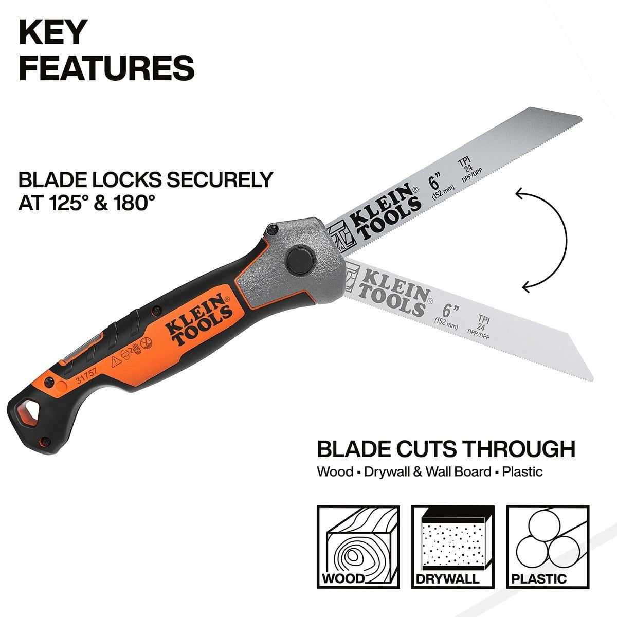 Klein Tools 31757 Folding Multi-Purpose Jab Saw 11.9" Overall Length with 6" Blades (4 Blades) - 2