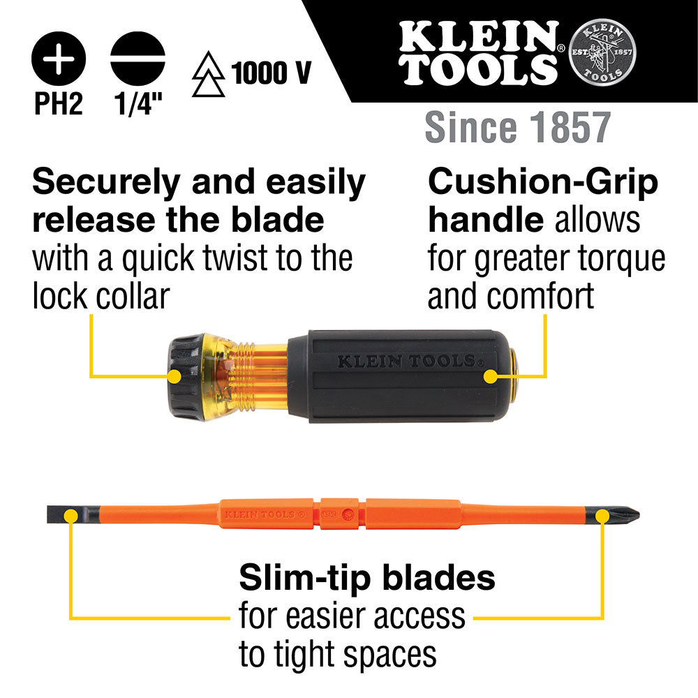 Klein 32293 2-in-1 Insulated Flip-Blade Screwdriver, #2 Ph, 1/4" Sl - 6