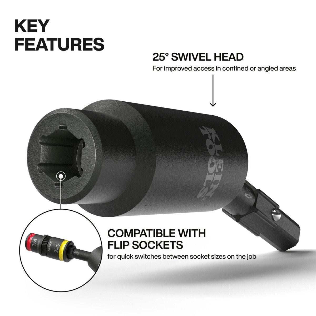 Klein Tools 32980 Impact Flip Socket Swivel Adapter, 25 Degree Swivel, 1/4 in. Hex - 2