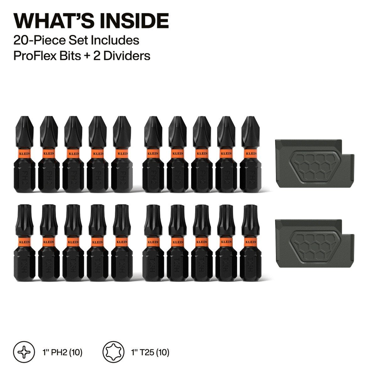 Klein Tools 33001S ProFlex PH2 and T25 Impact-Rated Bit Set with Slim MODbox Case (20 Piece) - 2