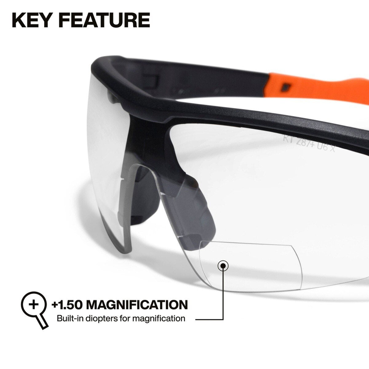 Klein Tools 3614 Bifocal Safety Glasses +1.50 Diopters, Anti-Fog Clear Lens, Black/Orange Frame (1 Pack) - 2