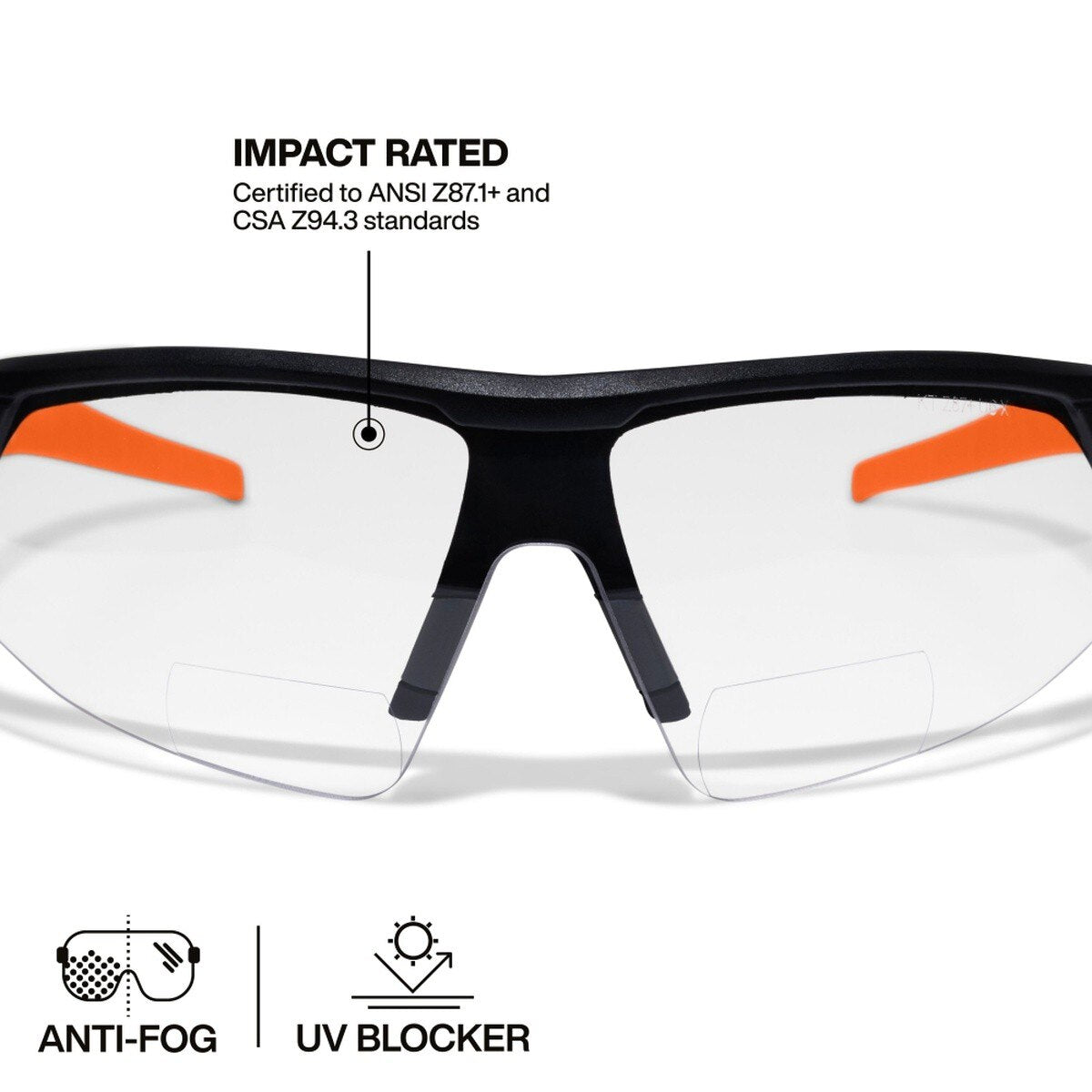 Klein Tools 3614 Bifocal Safety Glasses +1.50 Diopters, Anti-Fog Clear Lens, Black/Orange Frame (1 Pack) - 3