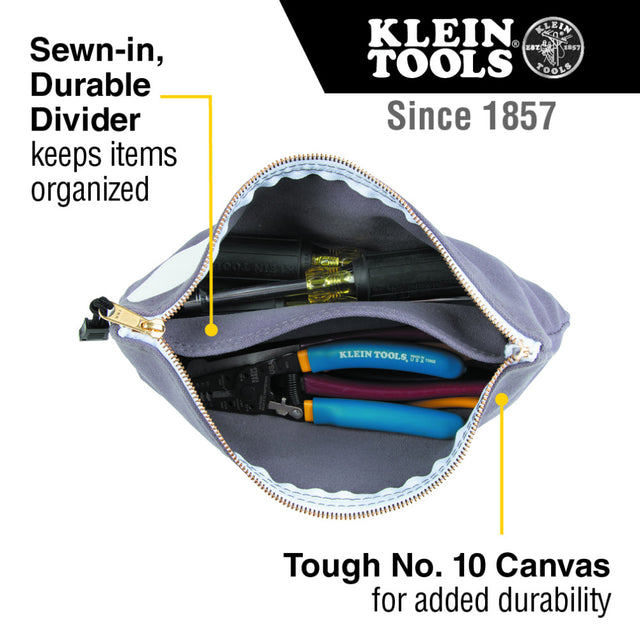 Klein 55578 Zipper Bag with Divider, Canvas Tool Pouch, 7", Gray