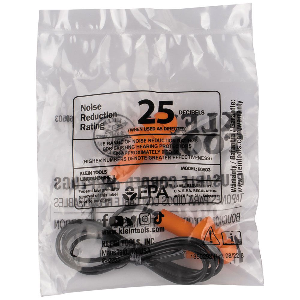 Klein 6050350 Corded Earplugs, 50-Pair Dispenser Pack - 6