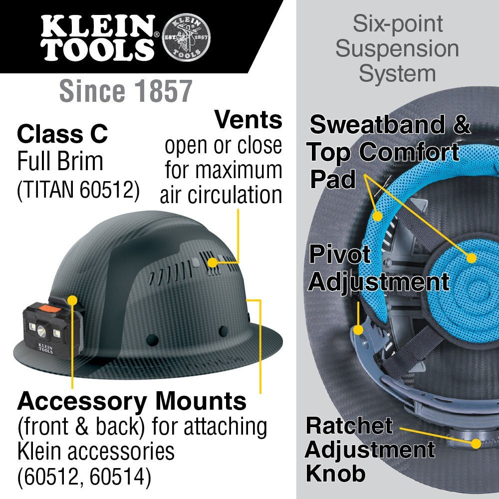 Klein 60512 Klein Carbon Fiber Full Brim Hard Hat with Headlamp, Titan - 2