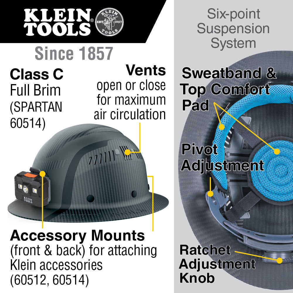 Klein 60514 Klein Carbon Fiber Full Brim Hard Hat with Headlamp, Spartan - 2