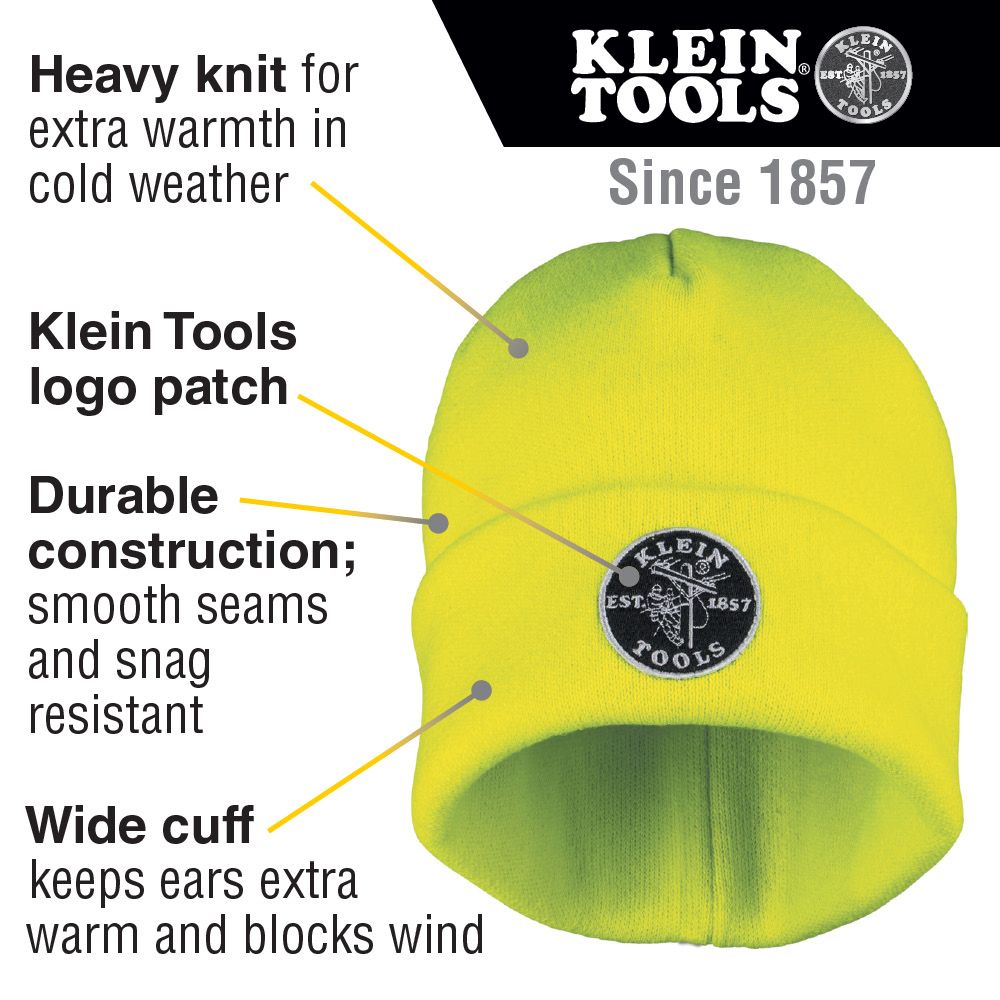 Klein 60568 Heavy Knit Hat, High-Visibility Yellow, Patch Logo - 5