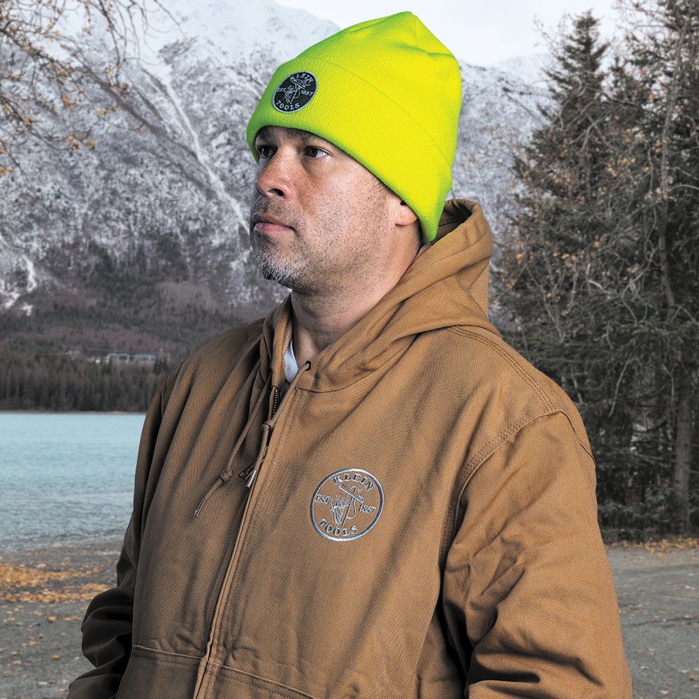 Klein 60568 Heavy Knit Hat, High-Visibility Yellow, Patch Logo - 7