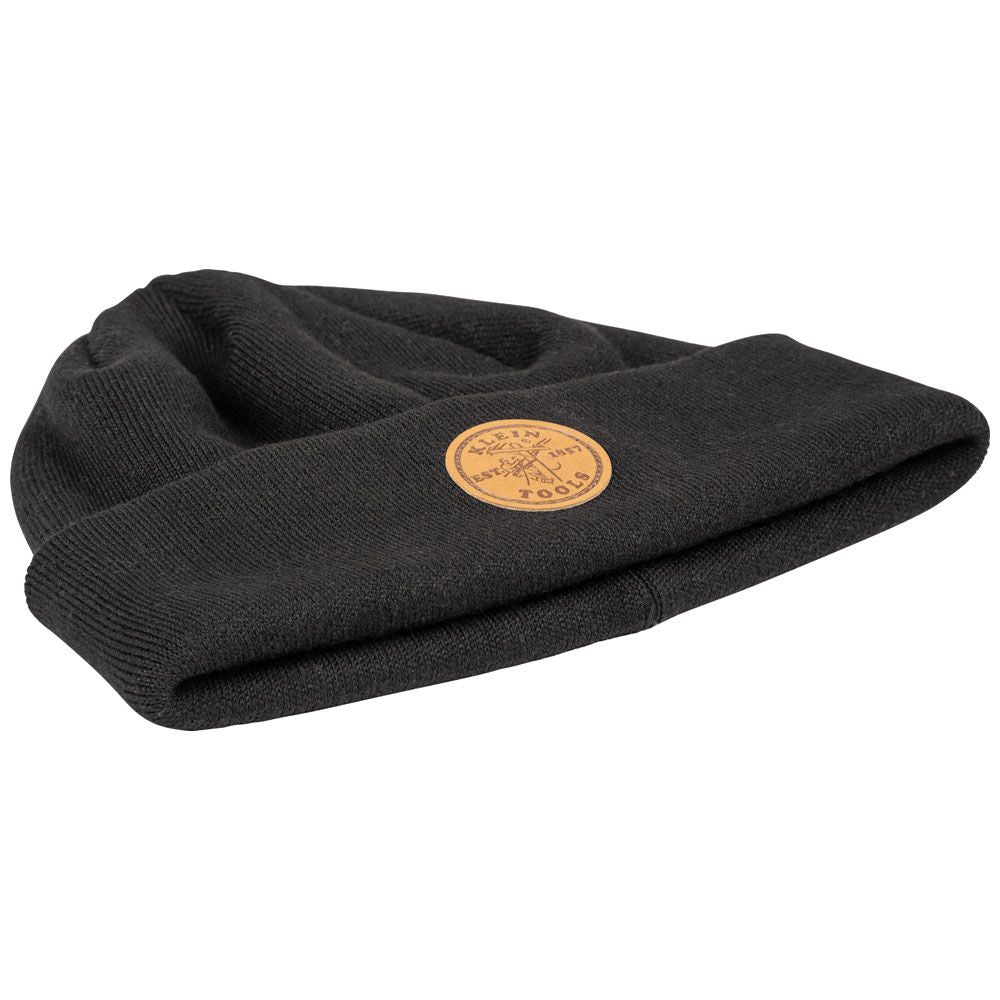 Klein 60569 Heavy Knit Hat, Black, Leather Logo - 4