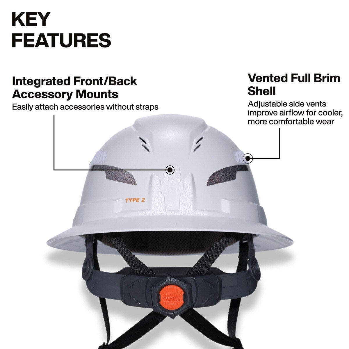 Klein Tools 60861T2 Class C Type 2 Vented Full Brim Hard Hat with Chin Strap Orange - 5