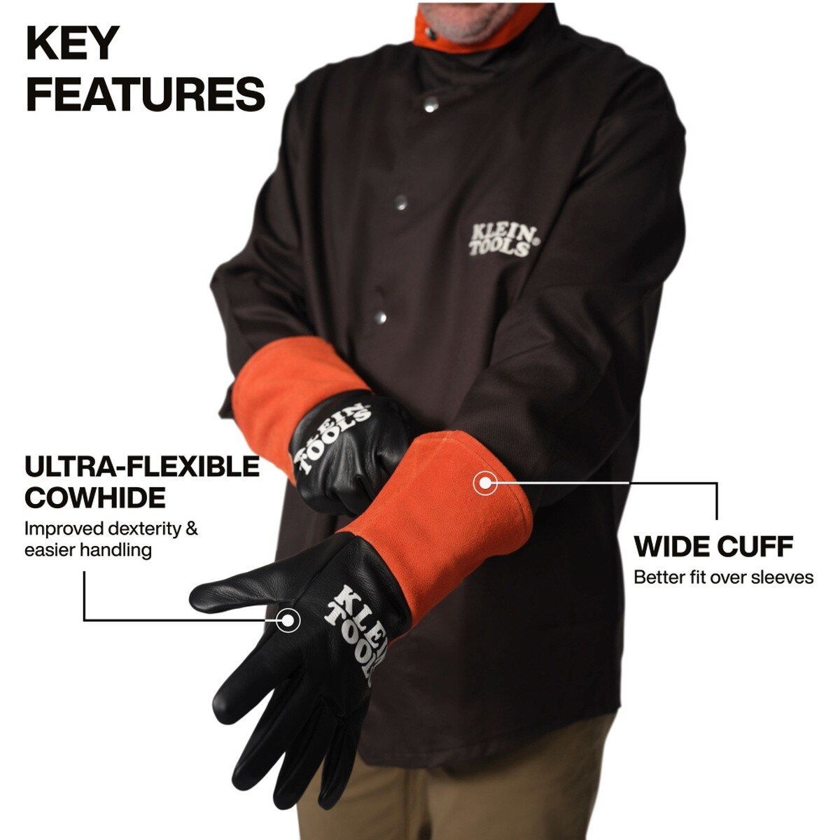 Klein Tools 60912 TIG Welding Gloves Large, 13 in. Length Cowhide Leather with Wide Cuff and Kevlar Aramid Stitching - 2