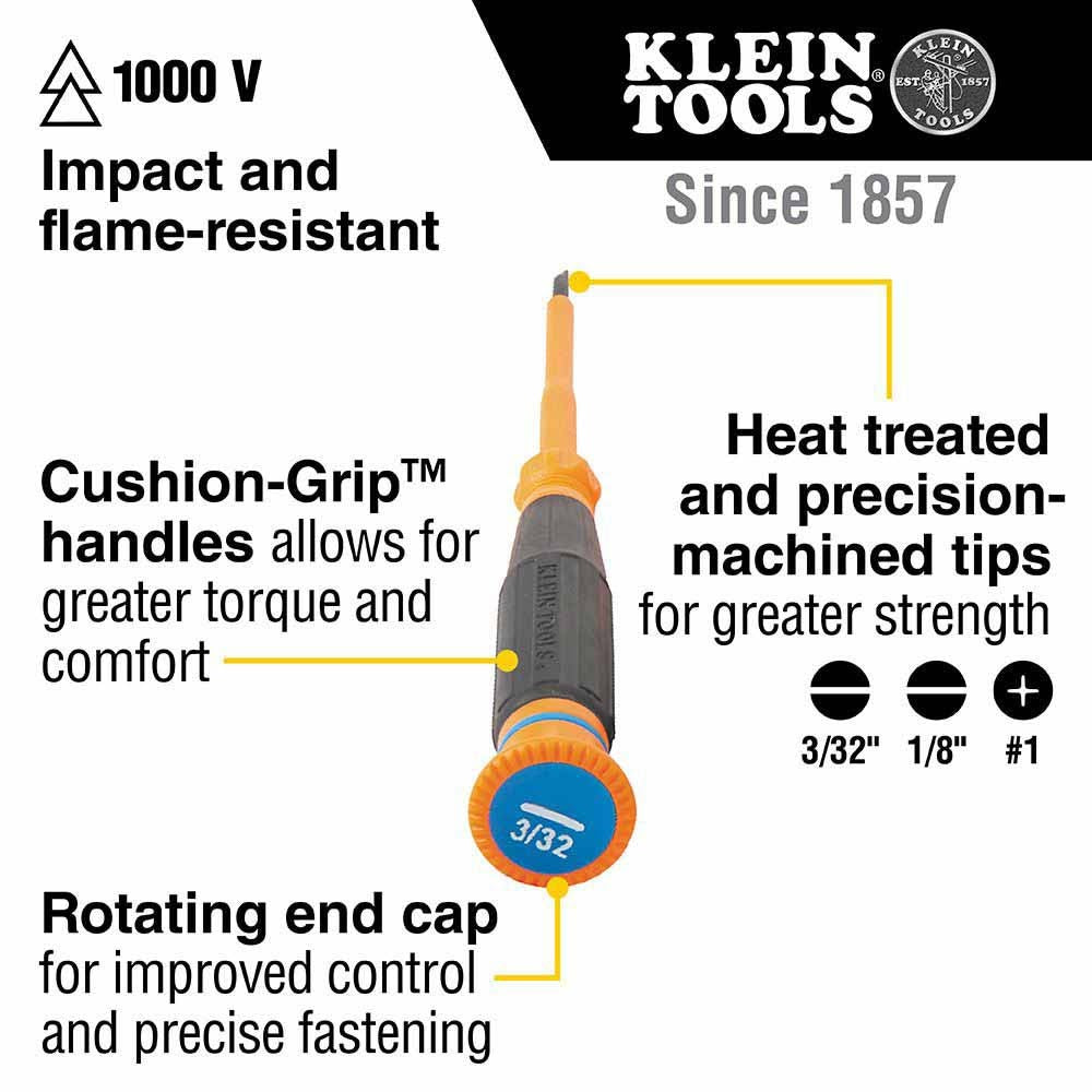 Klein Tools 6243INS Insulated Precision Screwdriver, 3/32" Slotted - 2