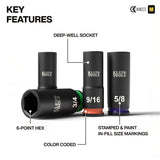 Klein Tools 65109IMPCT Deep-Well 3/8-Inch Drive SAE Impact Socket Set with Case (9 Piece) - 3