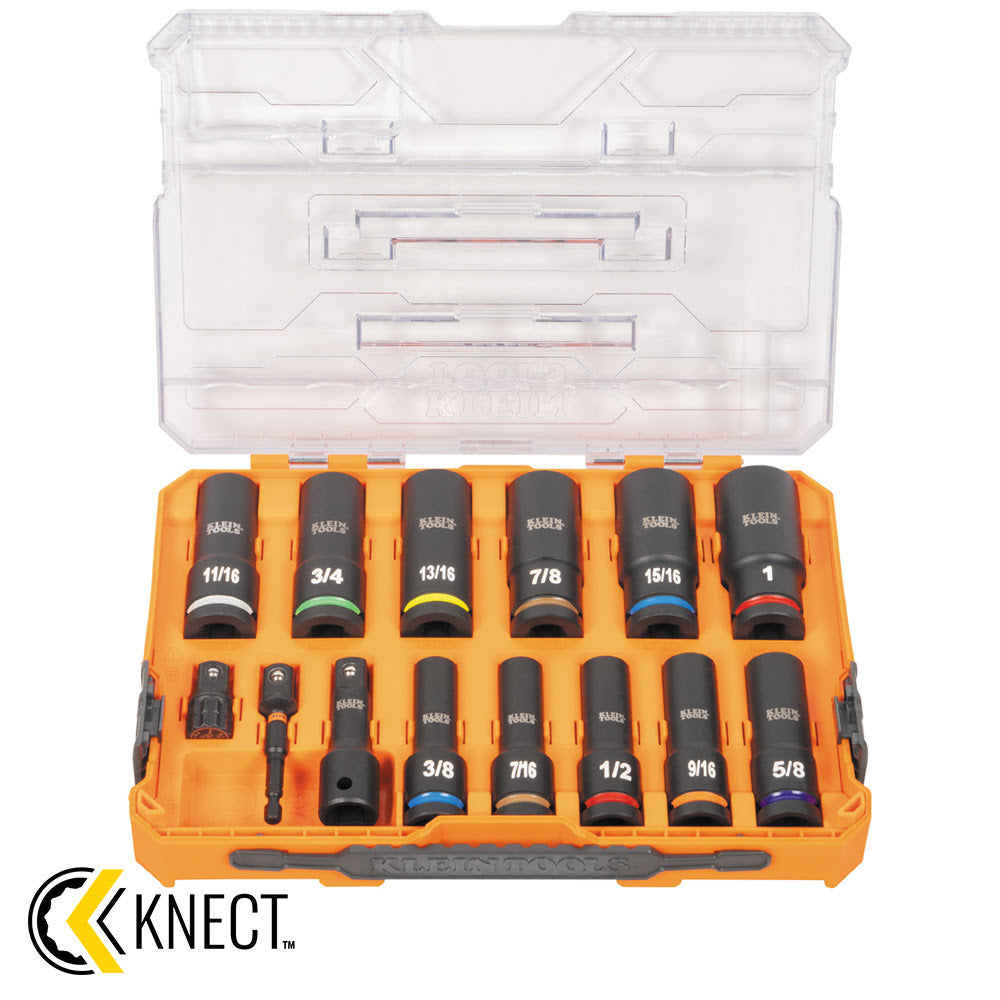 Klein 65111IMPCT KNECT 1/2" Drive Deep Well Impact Socket Set, SAE, 14-Piece