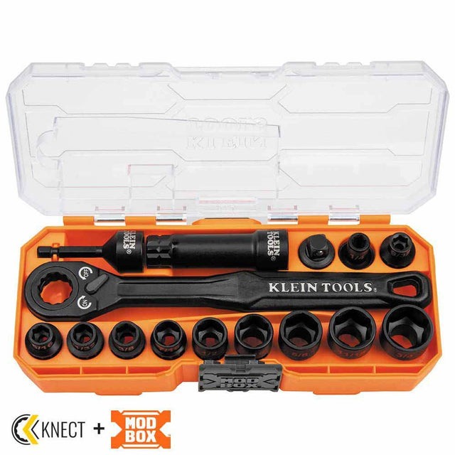 Klein Tools 65400 KNECT 8-1/2" Drive Impact-Rated Pass Through Socket Set, 15-Piece