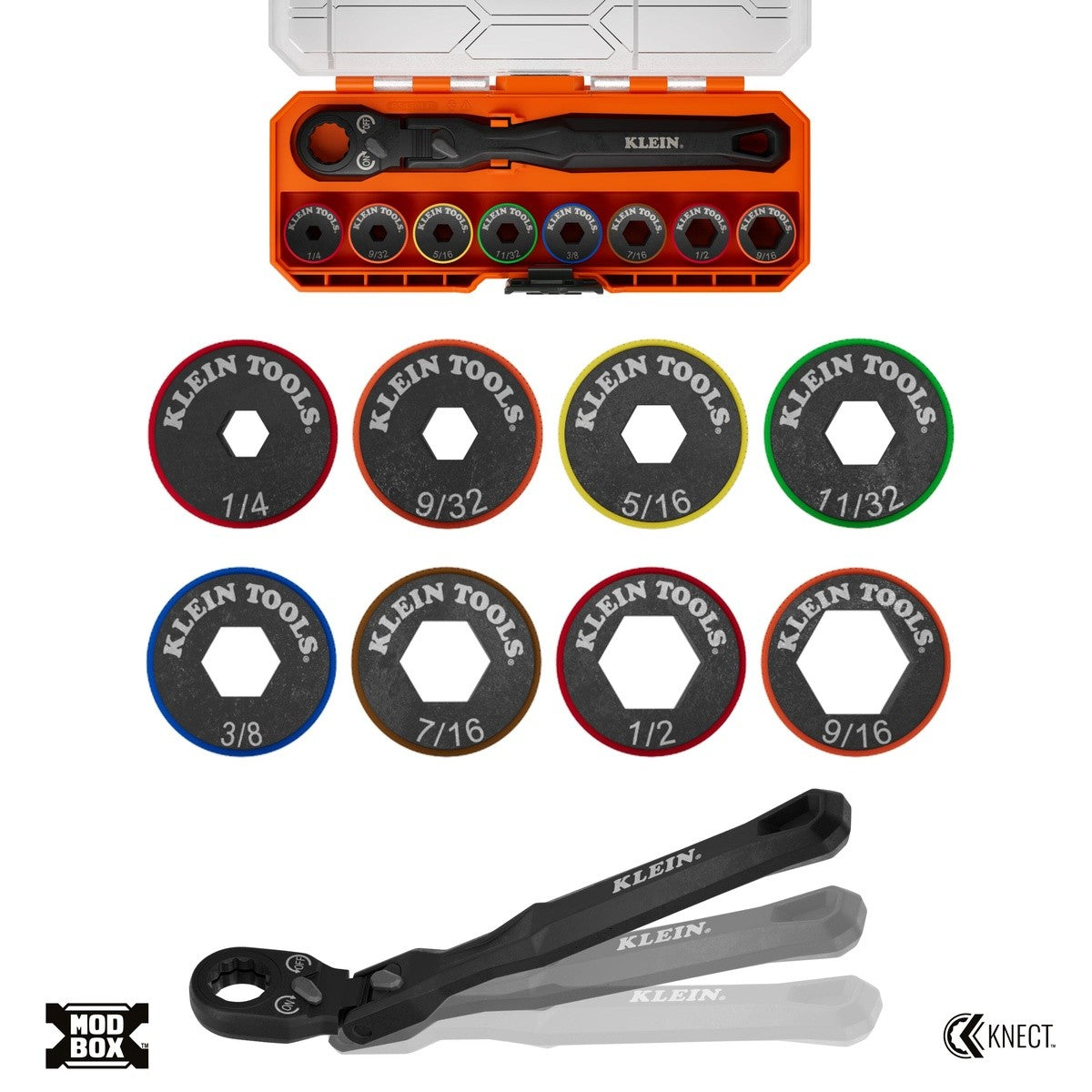 Klein 65430LP KNECT 9-Piece Low-Profile SAE Socket Wrench Set with Flex Head Ratchet and Case