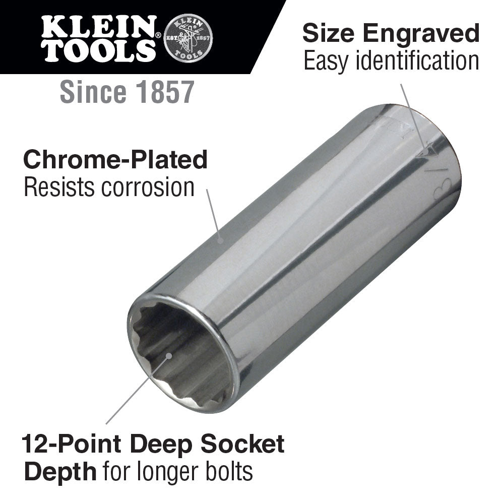 Klein Tools 65828 11/16" Deep 12-Point Socket, 1/2" Drive - 2