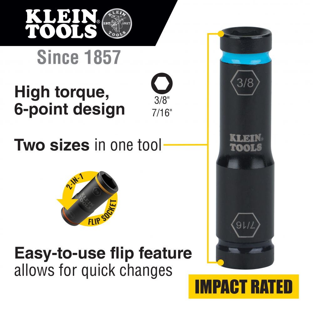 Klein 66077 Flip Impact Socket, 7/16" x 3/8" - 7