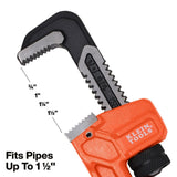 Klein Tools 68210 10" Adjustable Cast Iron Pipe Wrench with 1.5" Jaw Capacity - 3