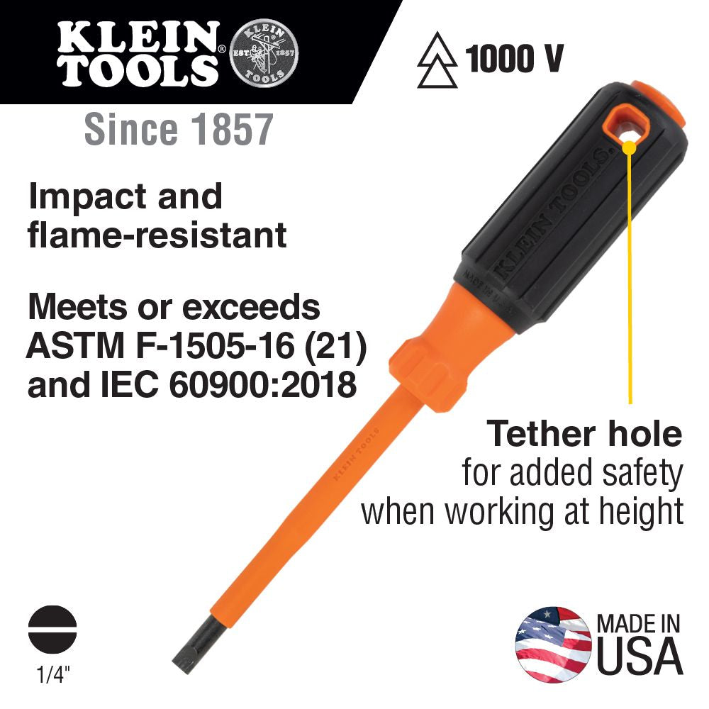 Klein 6824INS Insulated Screwdriver, 1/4" Cabinet Tip, 4" Round Shank - 8