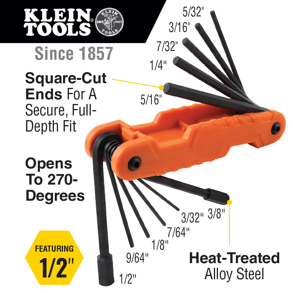 Klein 70550 Pro Folding Hex Key Set, 11 Fractional Inch-Sized Keys - 8