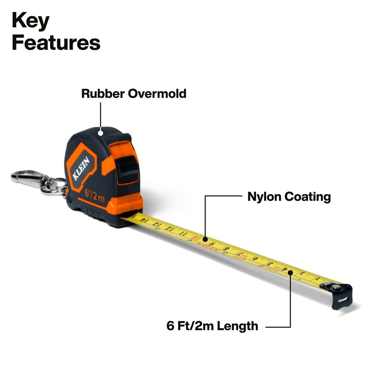 Klein Tools 9362 6' Keychain Tape Measure with Nylon Coated Blade and SAE Metric Markings - 2