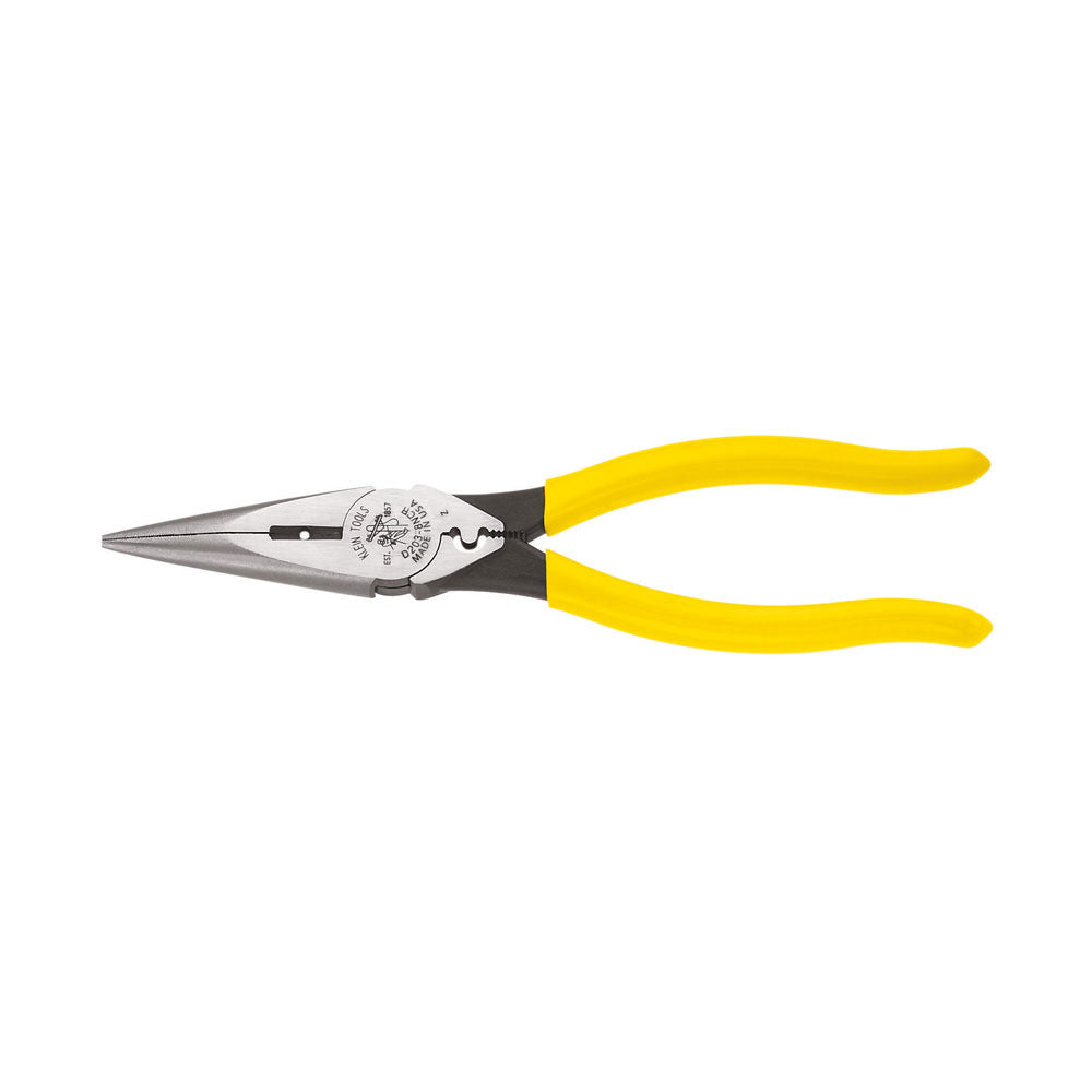 Klein Tools D203-8NCR Pliers, Long Nose Side Cutters, Strip/Crimp 8"