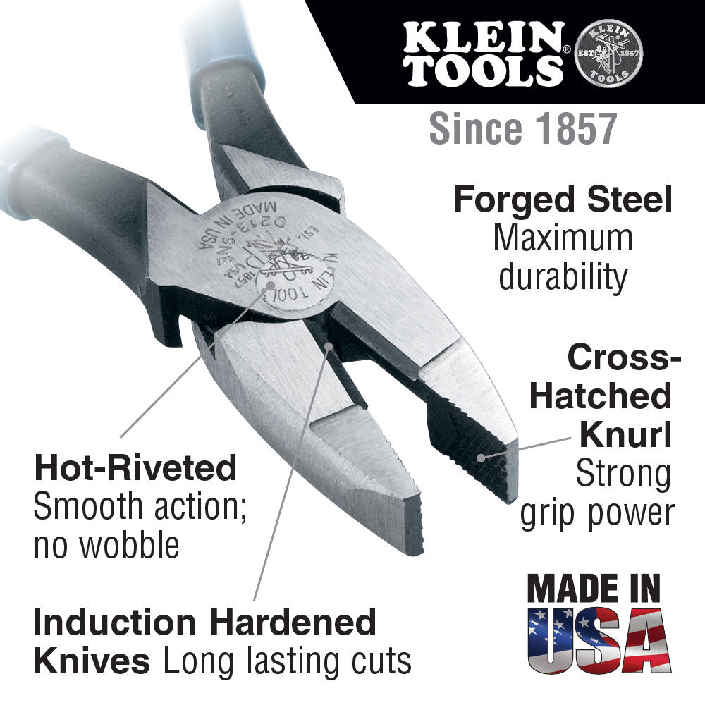 Klein Tools D213-9NE Lineman's Pliers, New England Nose, 9" - 7