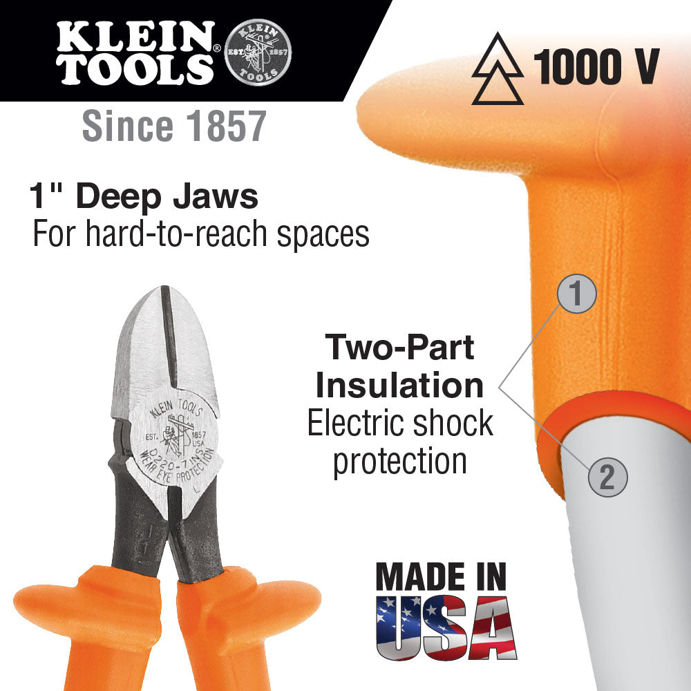 Klein Tools D220-7-INS Diagonal-Cutting Pliers, Insulated, Heavy-Duty, 7" - 2