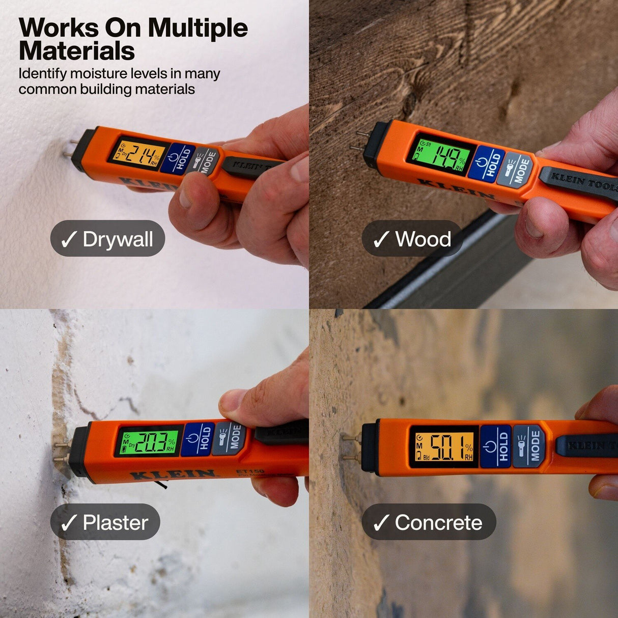 Klein ET150 Pin Moisture Meter with 8mm Pins and Color Coded Backlit Display - 5