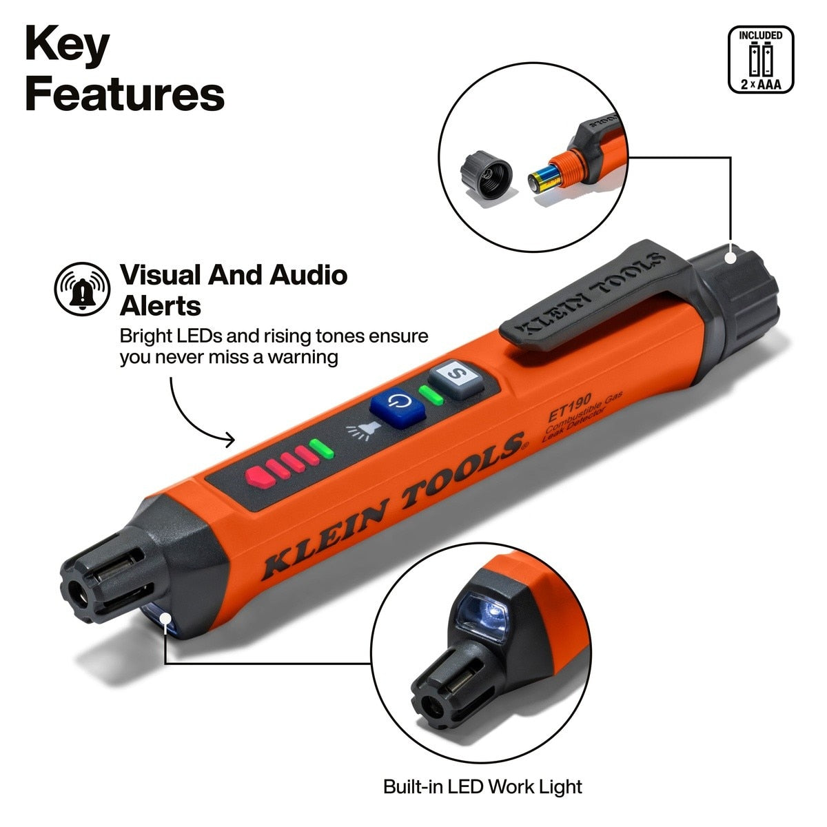 Klein Tools ET190 Compact Combustible Gas Leak Detector with Work Light, 6.34" Length - 2
