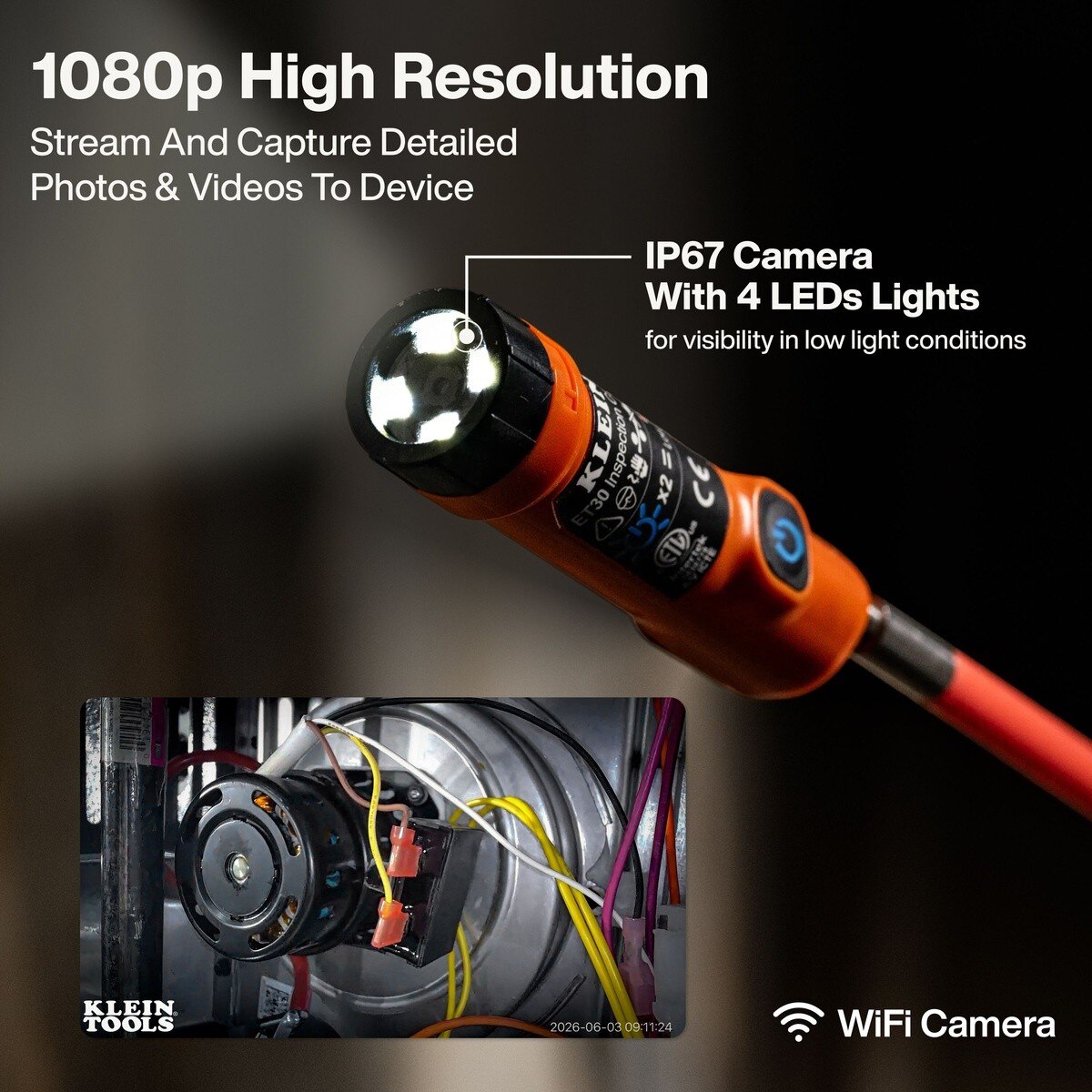 Klein Tools ET30 Compact 3.6" WirelessInspection Camera with 1080p HD WiFi and 4 LED Lights - 3