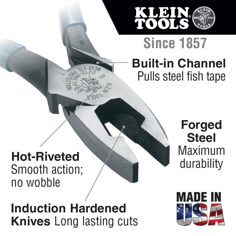 Klein Tools J2000-9NETP Lineman's Pliers, Fish Tape Pulling, 9" - 6