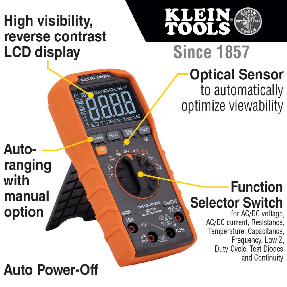 Klein MM720 Digital Multimeter, TRMS Auto-Ranging, 1000V, Temp, Low Impedance - 6