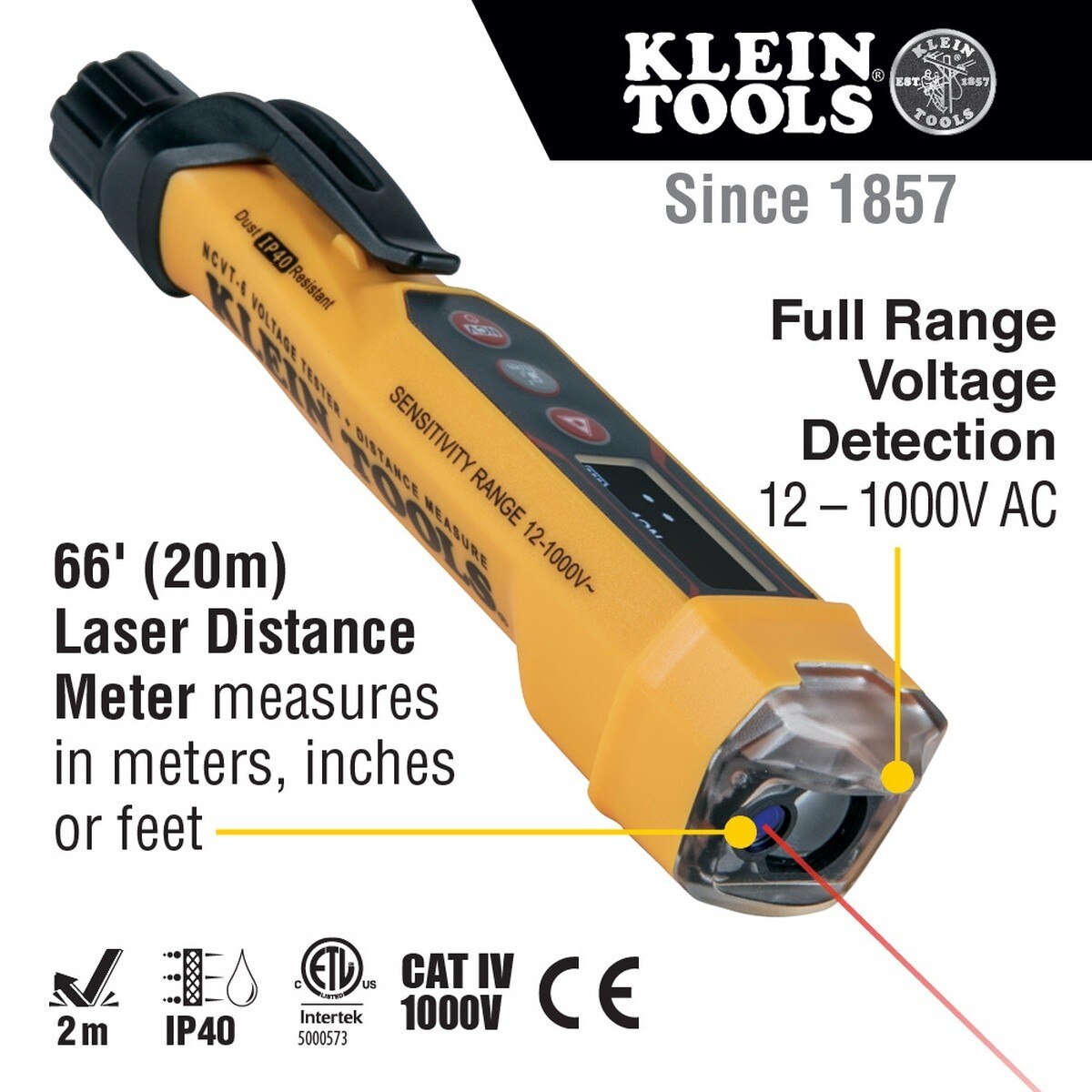 Klein Tools NCVT6 Non-Contact Voltage Tester Pen with 66 ft Laser Distance Meter, 12–1000V AC - 7