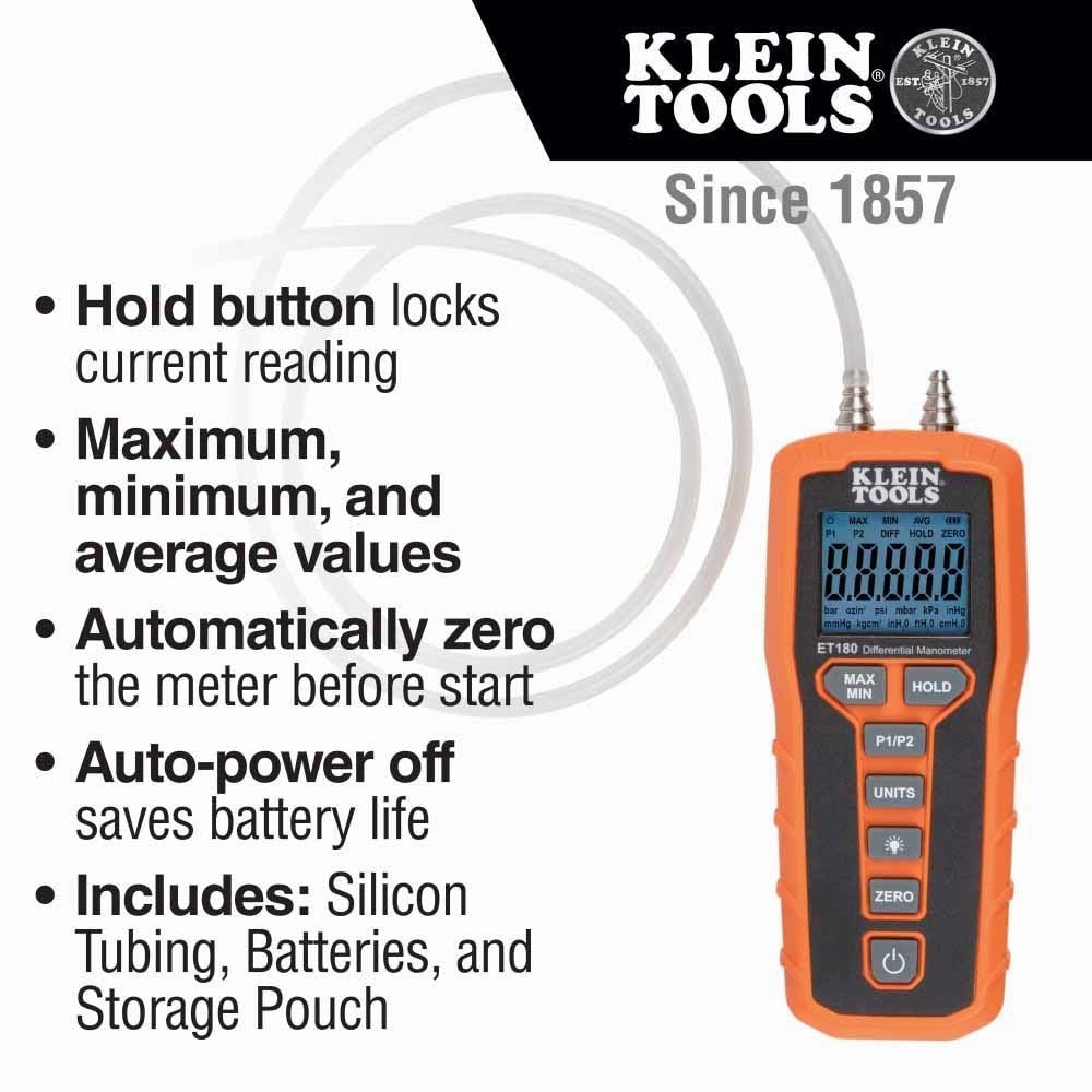 Klein Tools ET180 Digital Differential Manometer with Backlit LCD and Magnetic Mount (1 Each) - 8