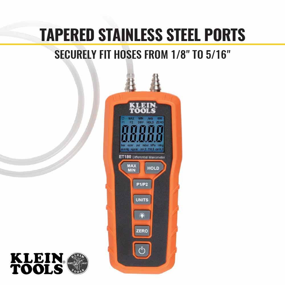 Klein Tools ET180 Digital Differential Manometer with Backlit LCD and Magnetic Mount (1 Each) - 9