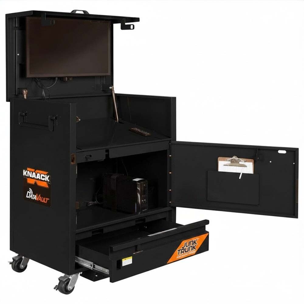 Knaack 118-M-KL-50NR 39.3 x 26.79 x 48.25" DataVault Mobile Digital Plan Station Jobsite Box with 32" Monitor and 4 GFCI Outlets (2 Pack) - Black - 2