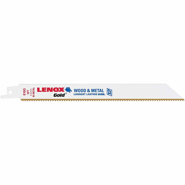 Lenox 21079B810GR Gold Power Arc 8" L x 10 TPI Bi-Metal Wood Meral and Plastic Cutting Reciprocating Saw Blade (25PK) Titanium Nitride Coating